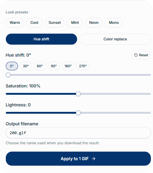 GIF Color Changer controls with look presets, hue shift, saturation, and lightness